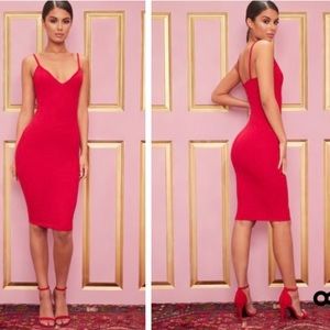 Red Ribbed Plunge Bodycon Dress